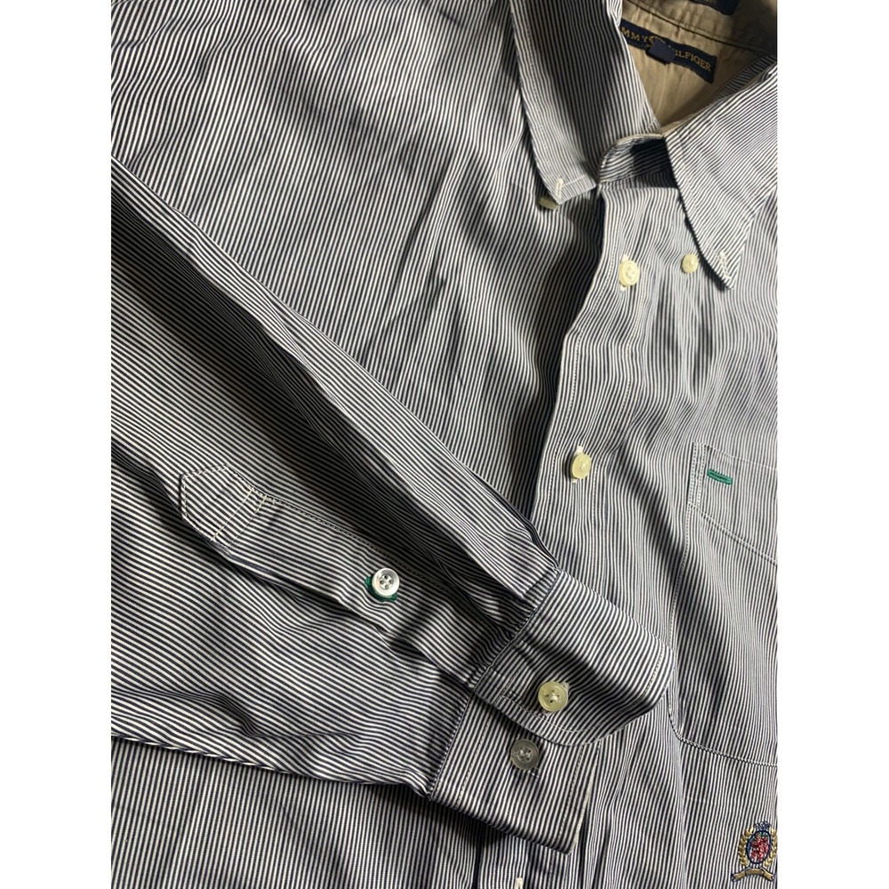 Tommy Hilfiger Mens L‎ Button Down Shirt Classic Fit Blue Stripe Casual Cotton L